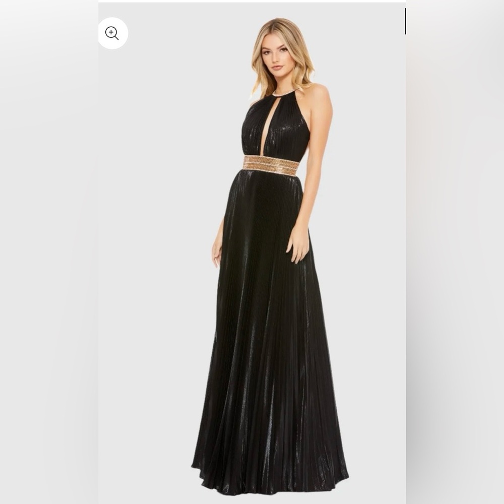 Mac Duggal Black Pleated Halter Open Back Embellished Gown Size 6